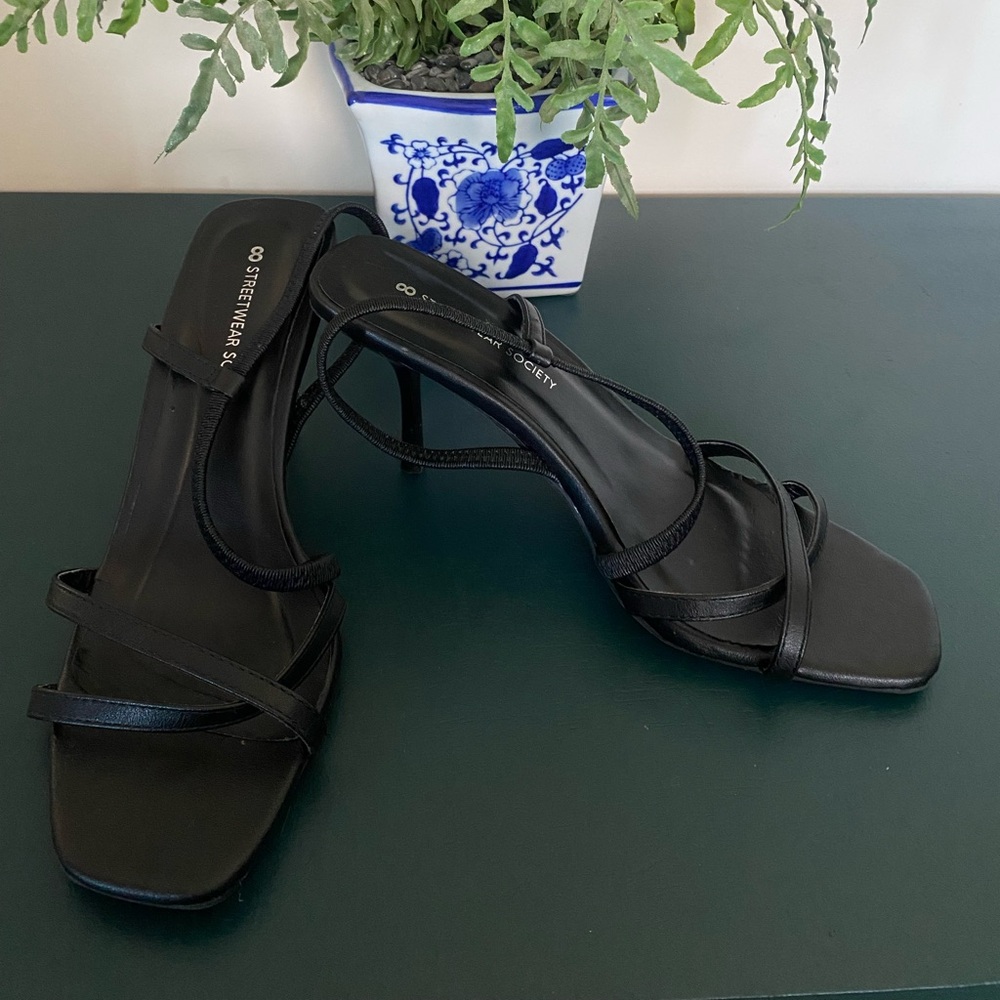 Y2K Black Strappy Heels Square Toe Slingback Sandals Size 8 Streetwear Society - Picture 7 of 14